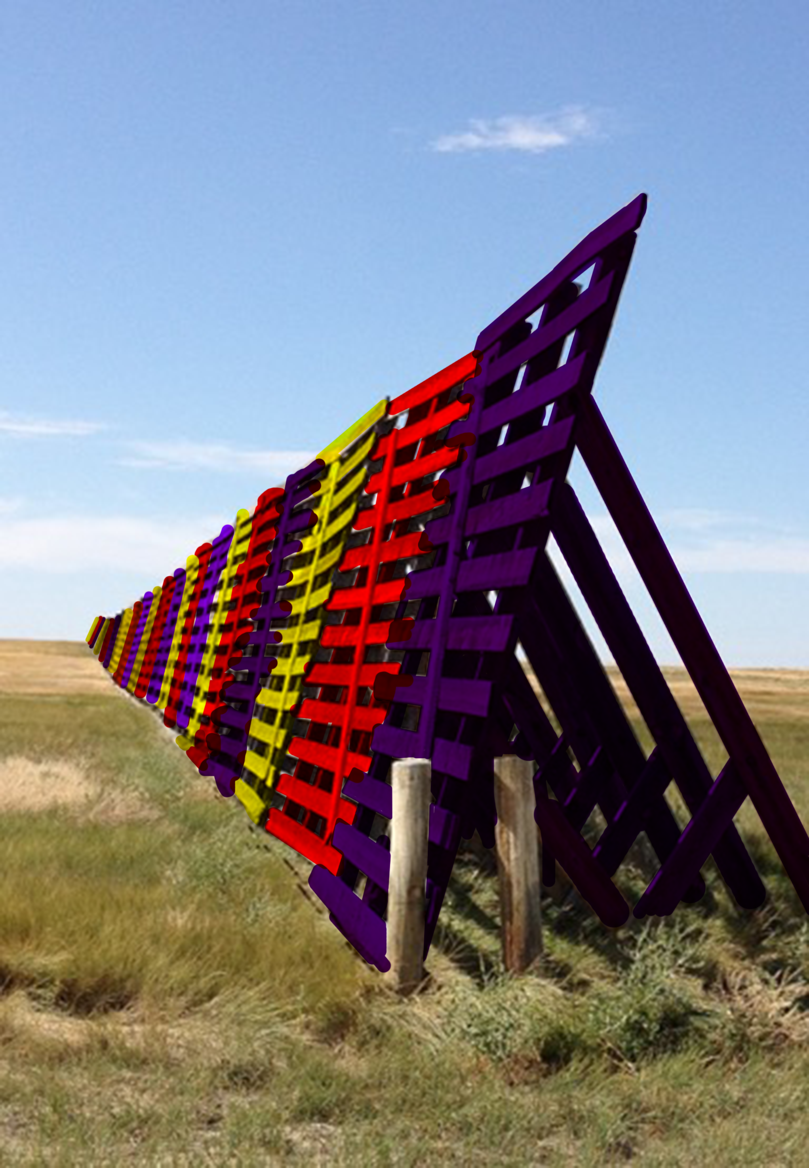 large snow fence receding into the distance of a majestic meadow grassland with panels of purple red yellow repeating into the distance